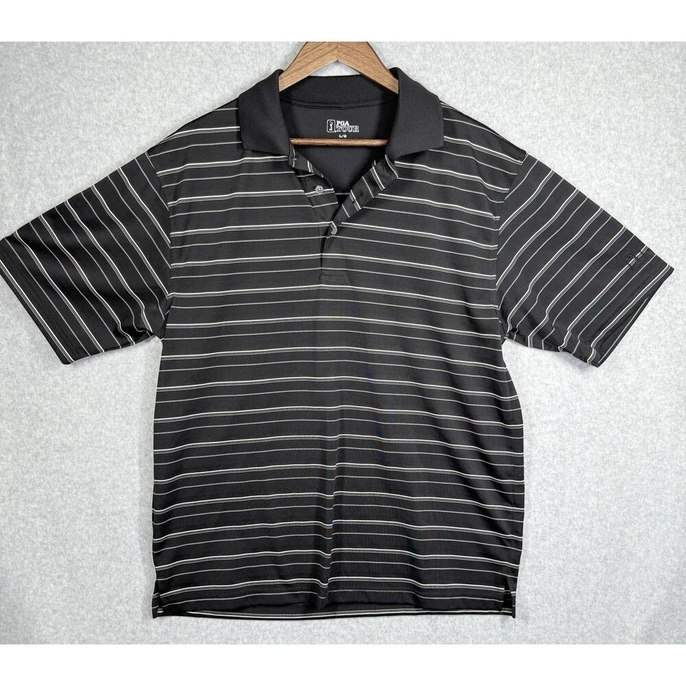 PGA Tour Golf Polo Shirt Mens Sz Lg Black Regular Fit Collared Short Sleeve Logo